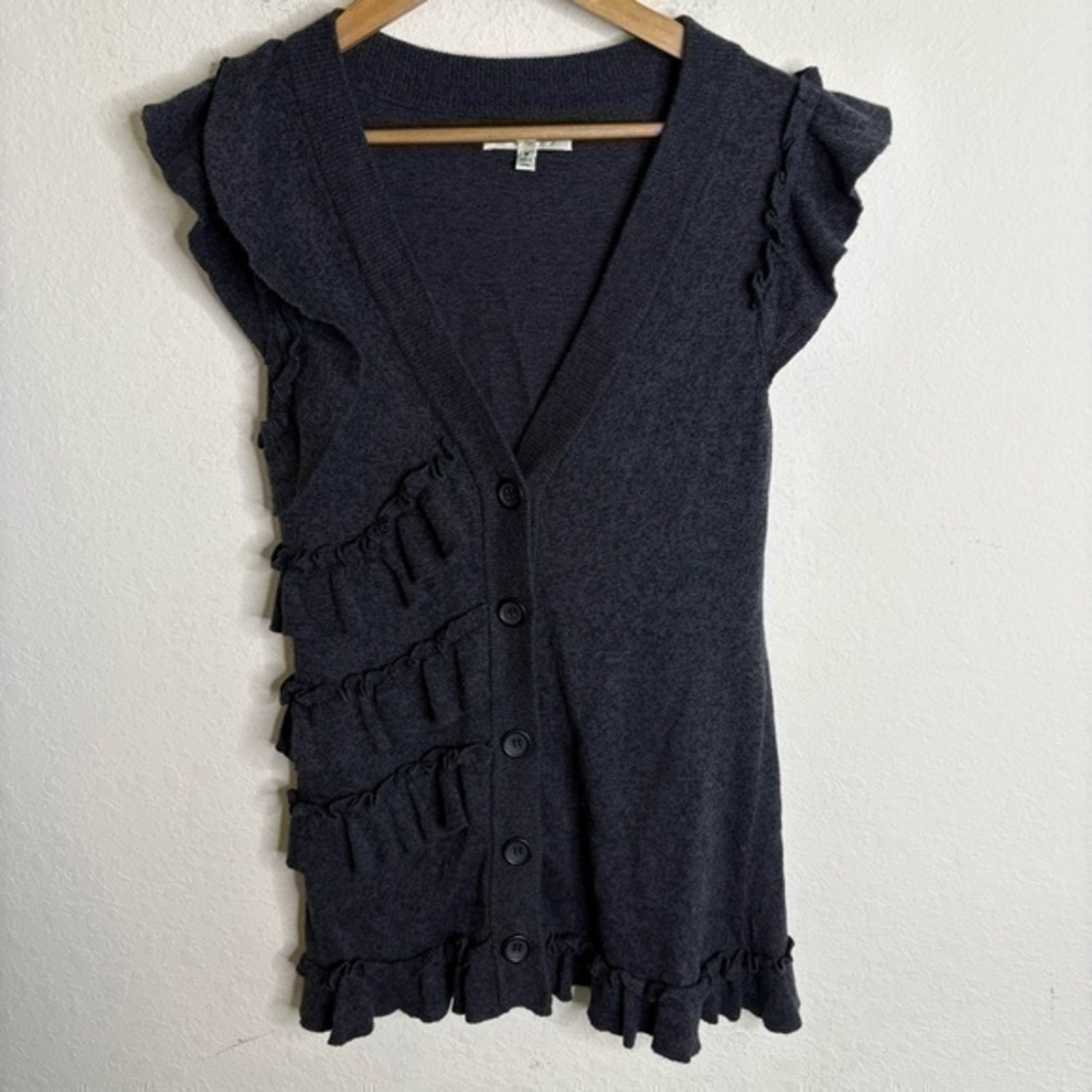 Beth Bowley Gray Ruffle Front Sleeveless Sweater
